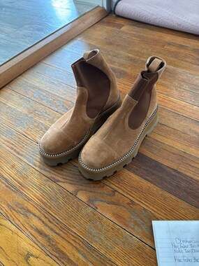 Jimmy Choo Clayton Caramel Suede Crystal Welt Platform Chelsea Boots